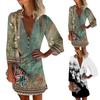 Women’s Casual Vintage Floral Print V Neck Button Henley Dress with Three Quarter Sleeves and Relaxed Fit for Everyday Wear