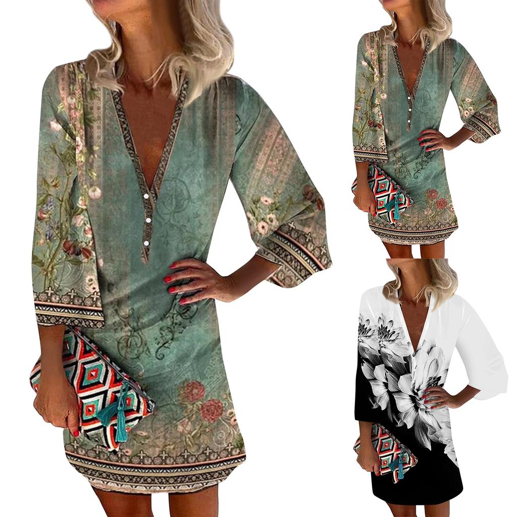 Women’s Casual Vintage Floral Print V Neck Button Henley Dress with Three Quarter Sleeves and Relaxed Fit for Everyday Wear