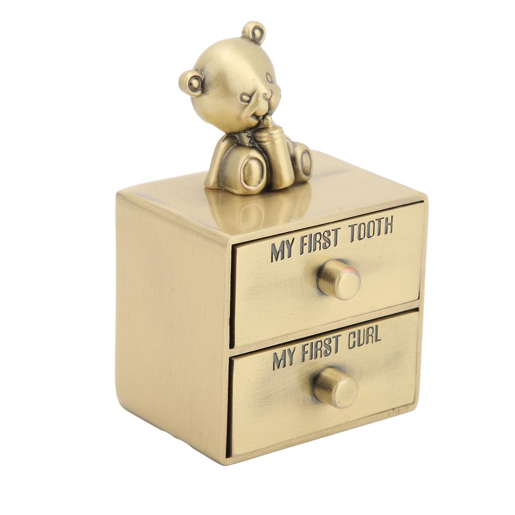 Tooth Box Metal Cute BearShape Storage Case with 2 Drawers for Children Growth Memorial Gift Jewelry Collection(Green Patina )