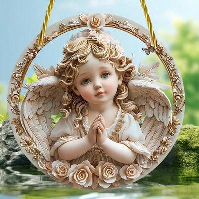2D Flat Acrylic Angel Light Catcher With White Wings And Golden Curls, Suitable For Porch, Bedroom, Room, Christmas