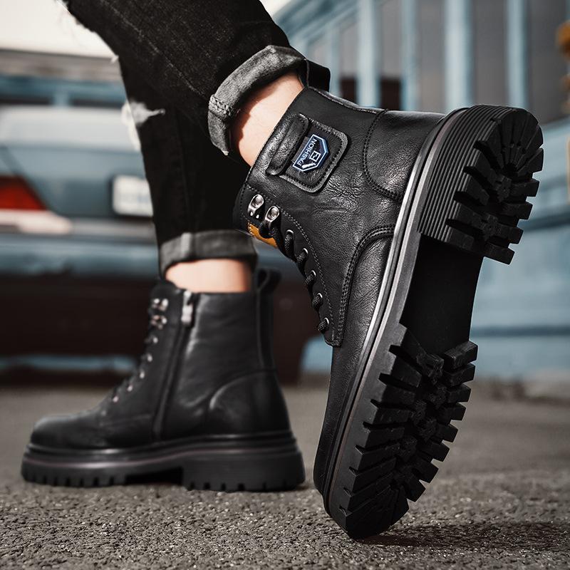 Men's High-top Locomotive Boots Leather Side Zipper Platform Leather Boots Autumn and Winter Fashion Retro Tooling Boots