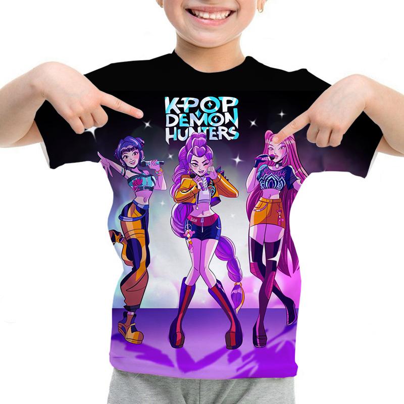 

Новая детская футболка KPop Охотник на демонов, 3D-печать, для лета 2026, повседневный топ с коротким рукавом и круглым вырезом, модная футболка для девочек 110