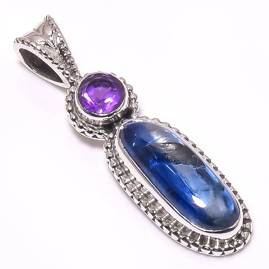 Natural Kyanite, Amethyst Gemstone 925 Solid Sterling Silver Pendant 1.38" g5N84