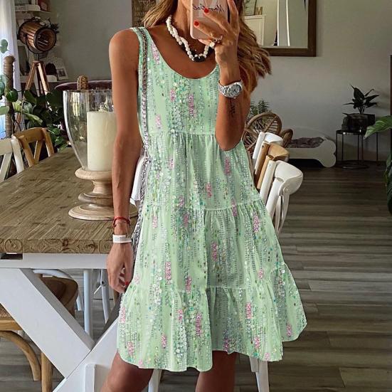 Women's summer casual floral print loose U-neck sleeveless knee-length dress