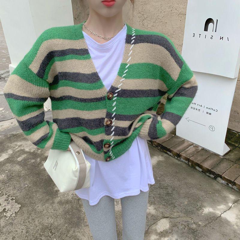 

Кардиган женский Гонконгский многослойный свитер для женщин весна и осень свободного дизайна вязаный свитер в контрастную полоску