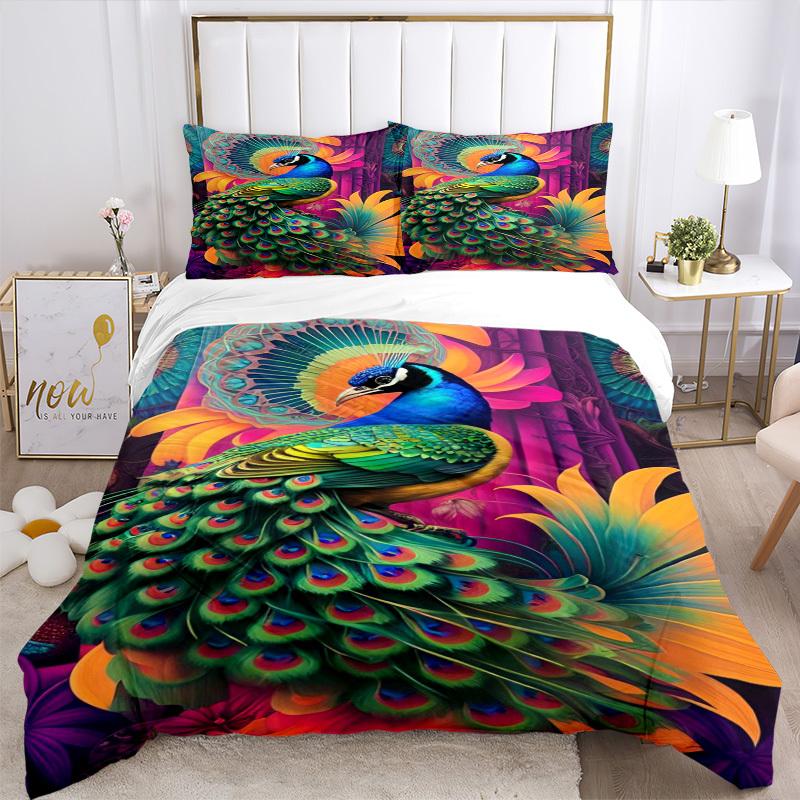 3pcs Peacock Feather Print Duvet Cover Set - Includes 1 Duvet Cover and 2 Pillowcases, No Quilt Core, All-Season Home Decor yy251111024