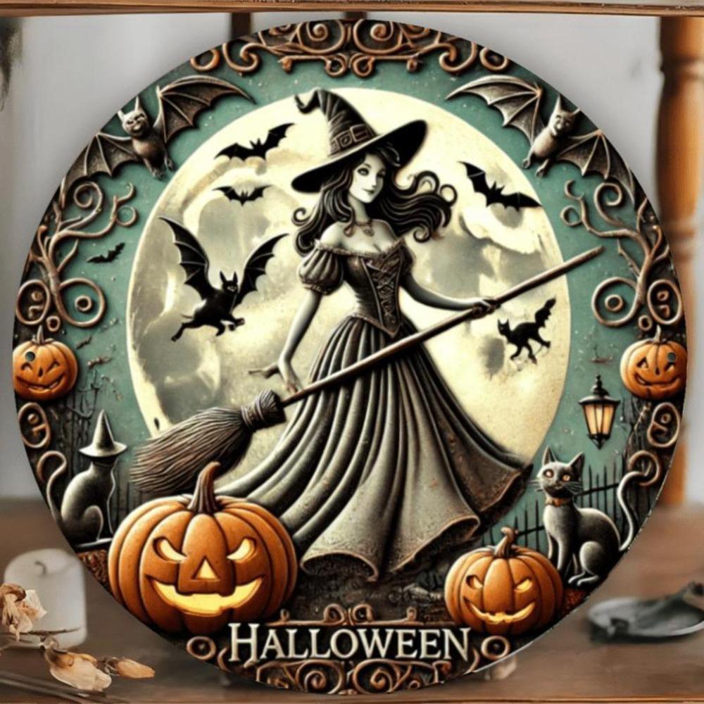 Mfoever Tin Sign Vintage Halloween Witch Broomstick Full Moon Metal Tin Sign Retro D Effect Gothic Witch with Black Cat Bat Pumpkin Round Wall 20x20cm