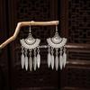Ethnic Miao Silver Style Long Tassel Earrings with Ancient Scenic Stud Design for Women