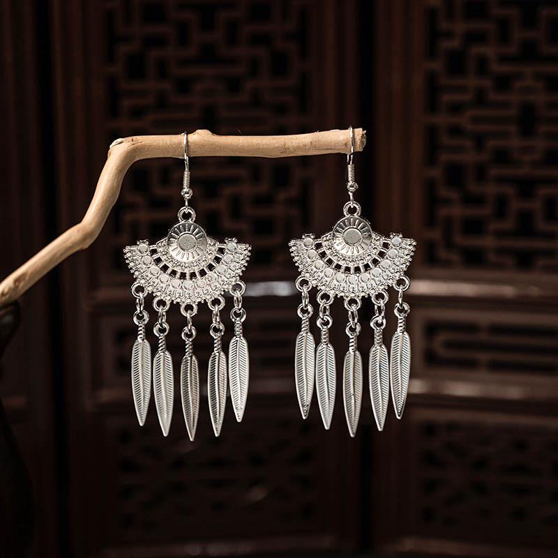 Ethnic Miao Silver Style Long Tassel Earrings with Ancient Scenic Stud Design for Women