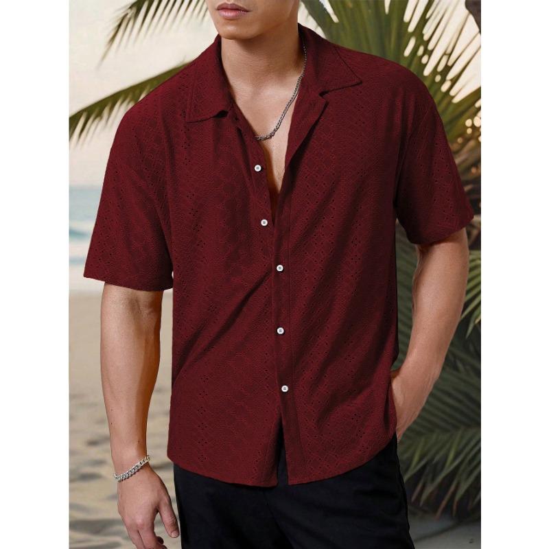 Men Notch Collar Short Sleeve Shirt Hollow Eyelet Jacquard Textured Full Button Loose Vacation Breathable Casual Blouse