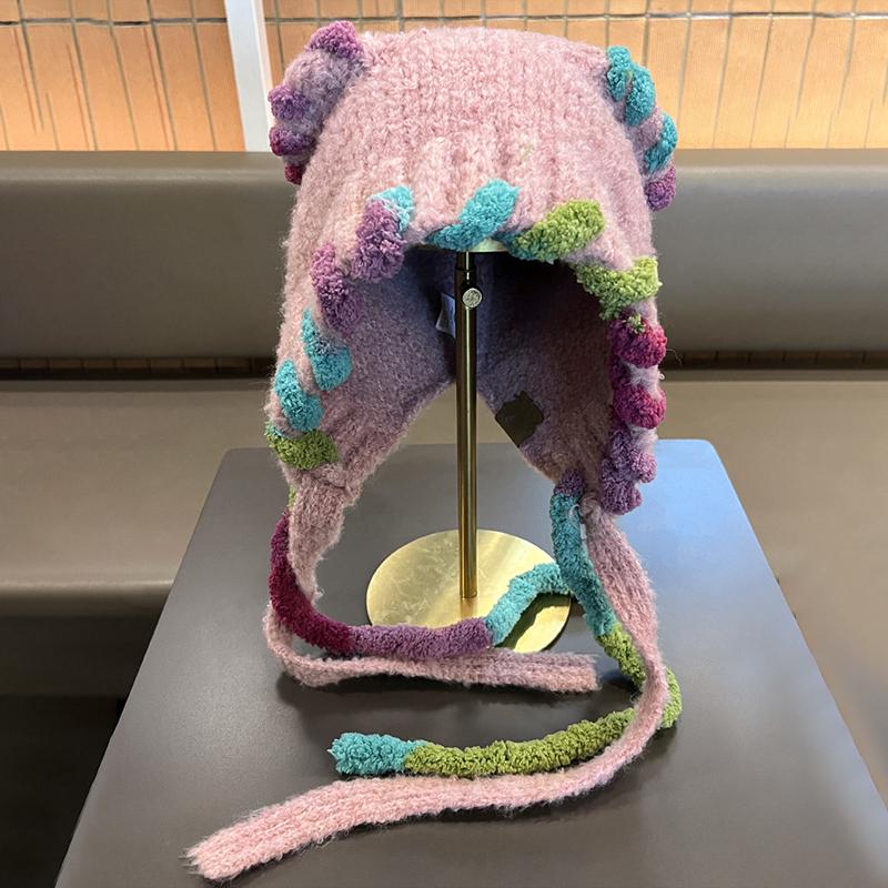 Dopamine Cat Ears Plush Bomber Hat Women Autumn Winter Cycling Cold And Warm Face Small Bag Head Ear Protection Knitted Hat