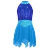 Girls Lyrical Dance Costume Sparkle Rhinestones Keyhole Back Irregular Chiffon Hem Skating Dress