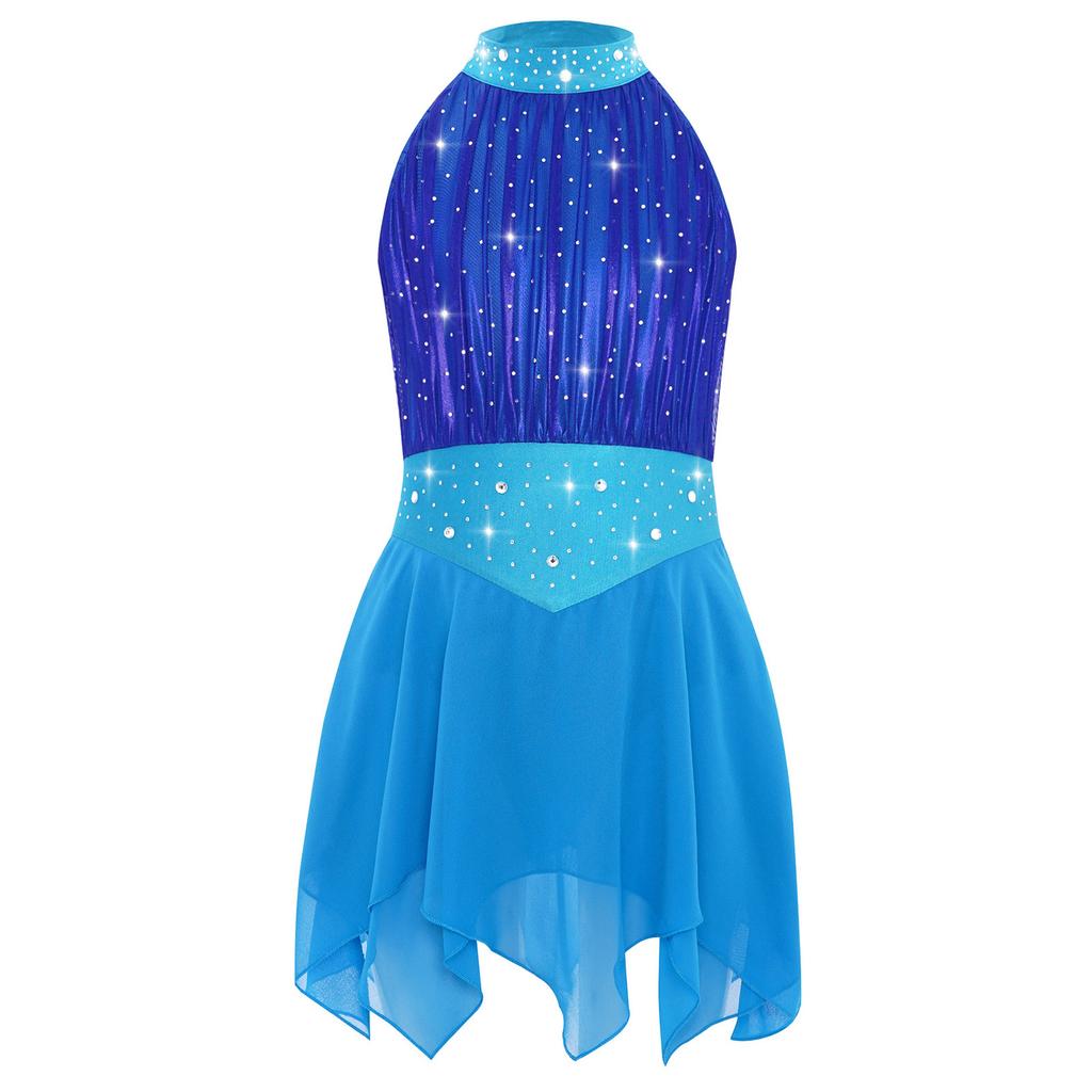 Girls Lyrical Dance Costume Sparkle Rhinestones Keyhole Back Irregular Chiffon Hem Skating Dress