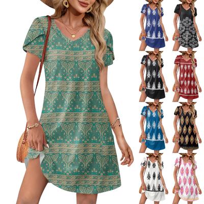 Damen Sommer Mode V-Ausschnitt Lockeres Kleid Blüten Blatt Kurze Ärmel Vintage Bedruckt Strandkleider