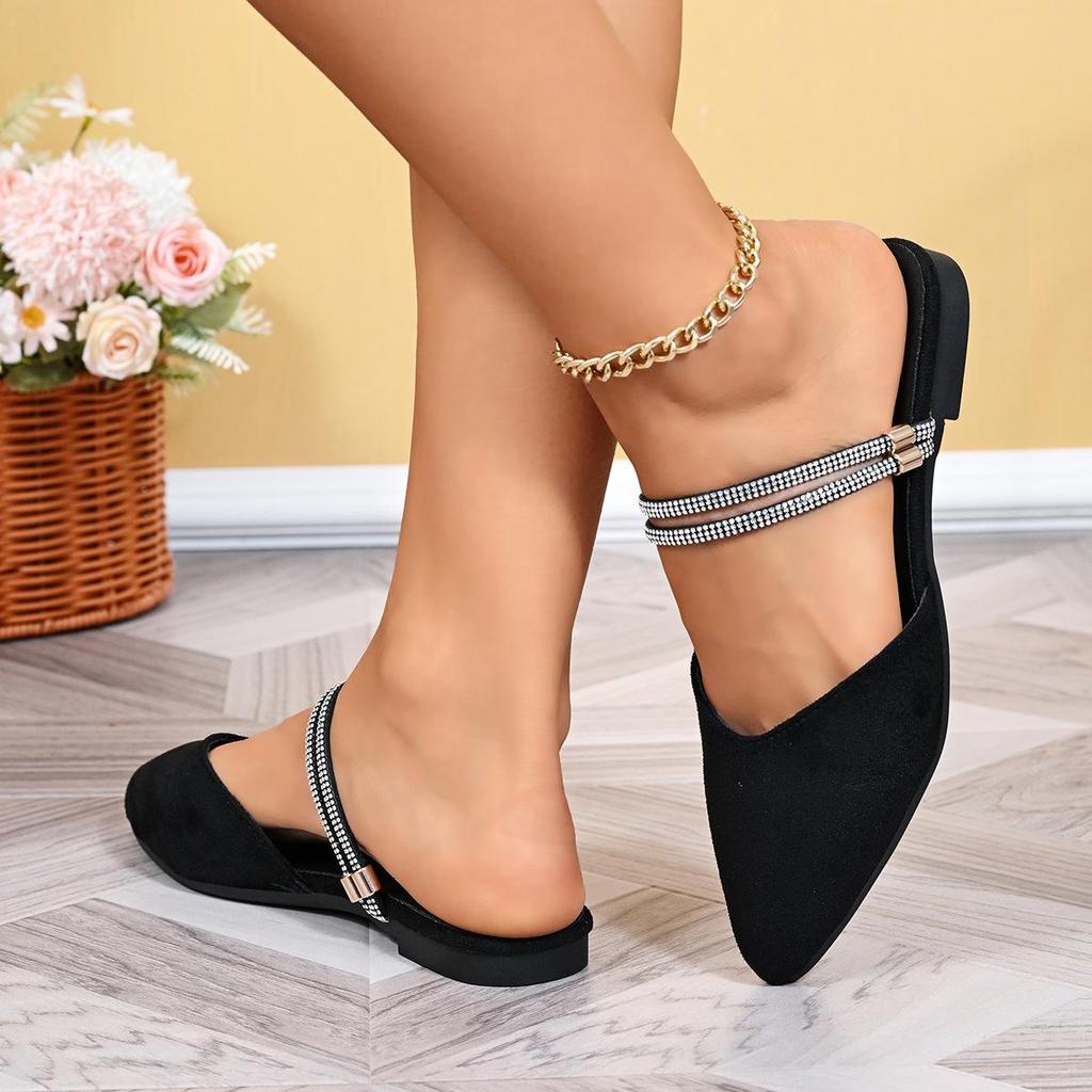 2026 Summer Women's Rhinestone Cross-Strap Flat Sandals, Plus Size, Pointed Toe, Low Heel, Two-Way Wear
