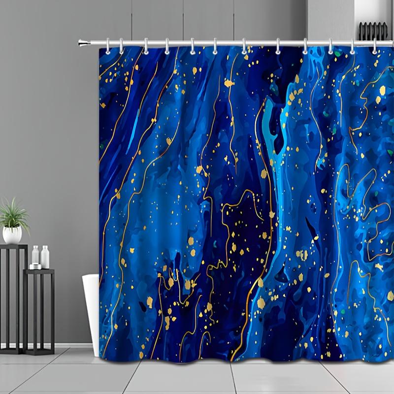 Abstract Blue and Gold Shower Curtain Marble Effect Golden Lines Waterproof Bath Decor Elegant Contemporary Bathroom Curtains