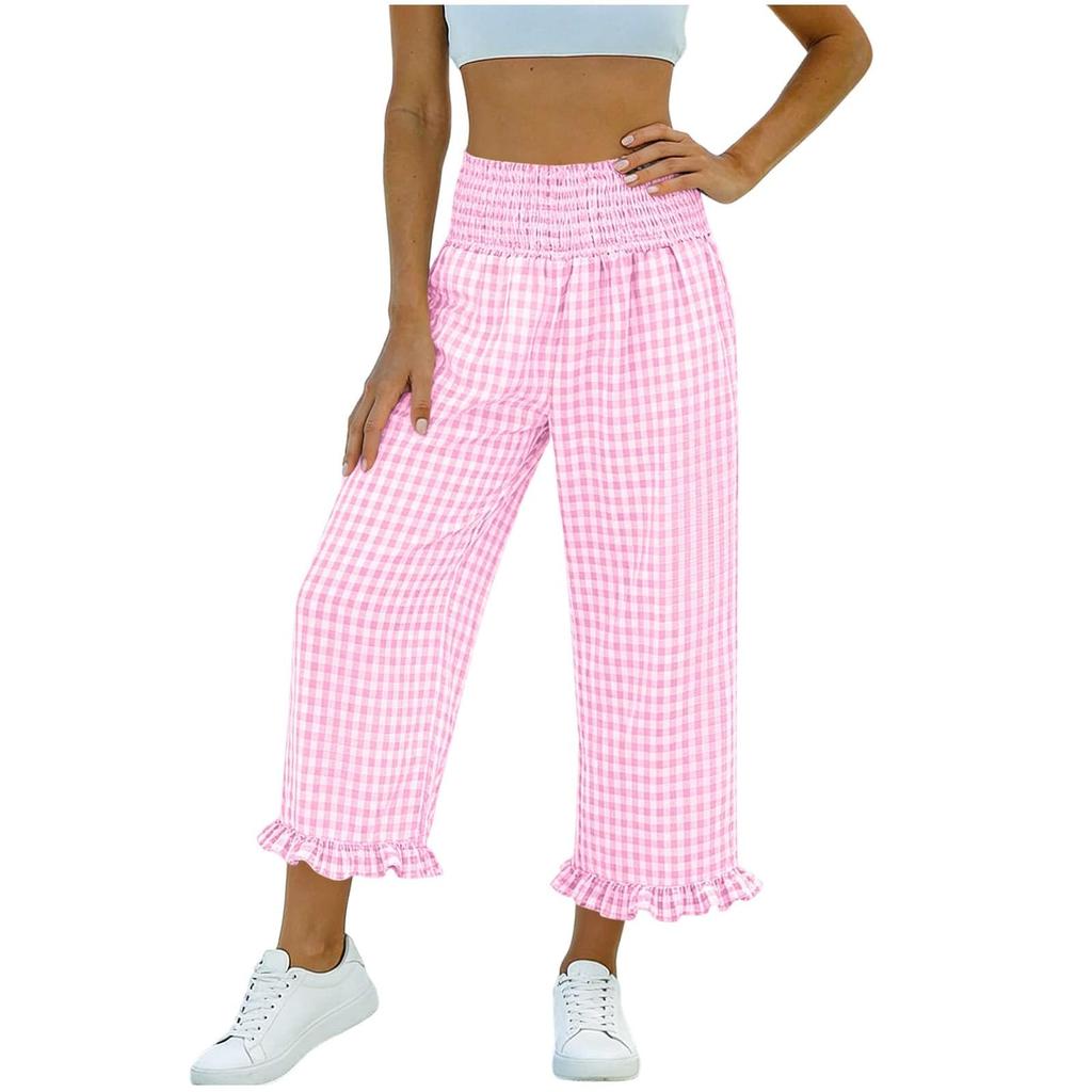 Women's Fashion Ruffle Hem Tartan Pocketed Pleated High-Waisted 9/10 Straight Leg Sporty Loose Casual Pants