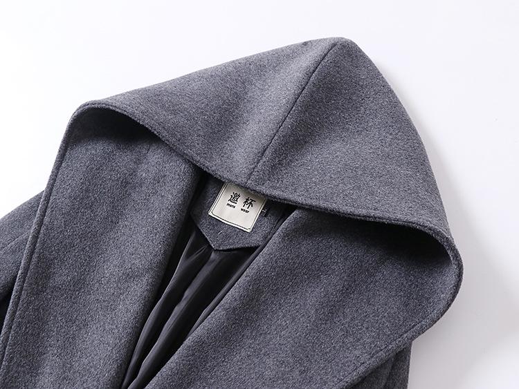 Winter Wool Cashmere Hooded Bathrobe: Long, Cozy, Belted Outerwear Coat Without Buttons