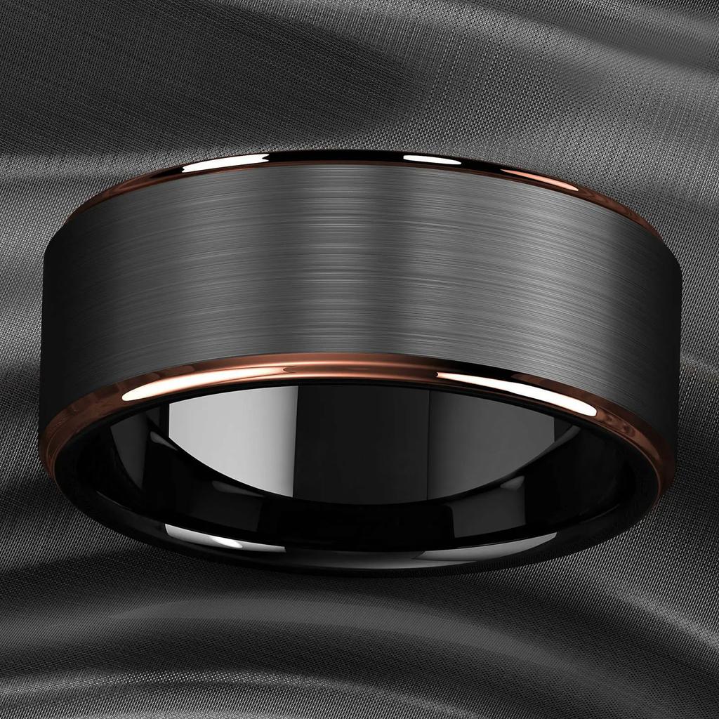 Fashion 8mm Stainless Steel Rings for Men Rose Gold Color Step Edge Black Brushed Men Rings Wedding Party Jewelry Gifts