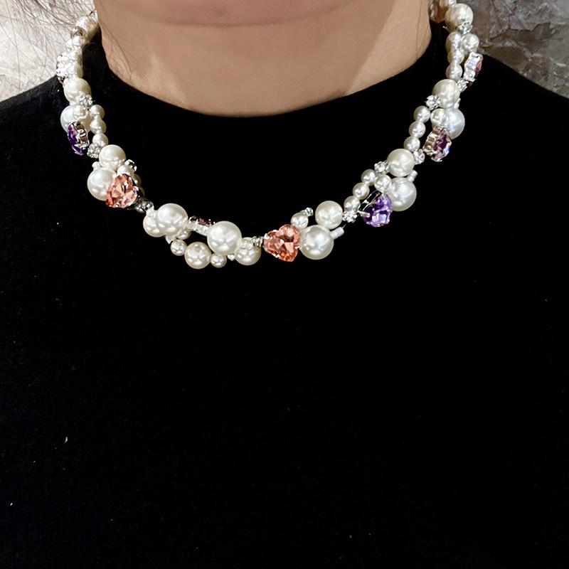 Irregular diamond-set pearl beaded necklace French retro temperament collarbone chain niche light luxury high-end jewelry women