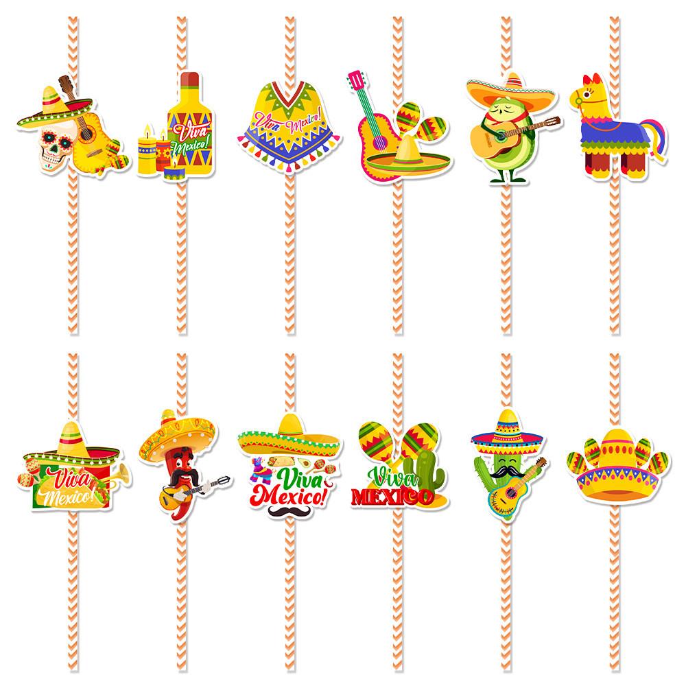 Theme Mexican Disposable Paper Straws With Cartoon Decor For Childrens Party