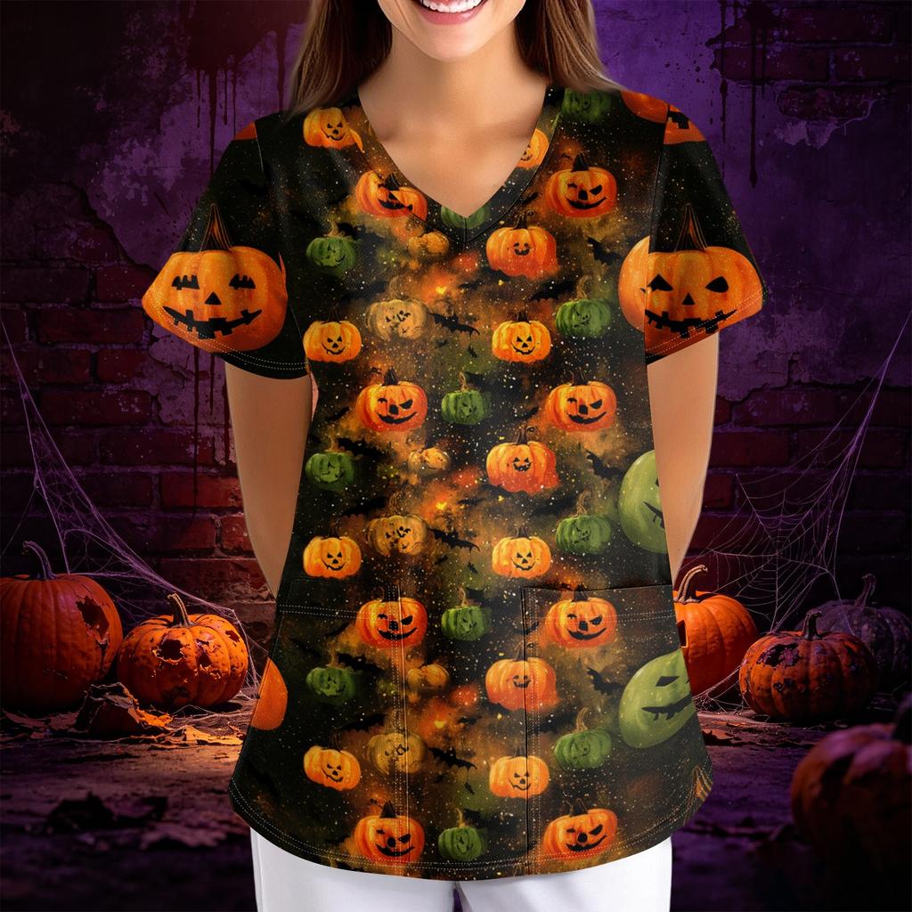 Women Halloween Print Loose Fit V Neck Short Sleeve Medical Scrub Top with Pockets Casual Workwear Uniform for Healthcare Professionals