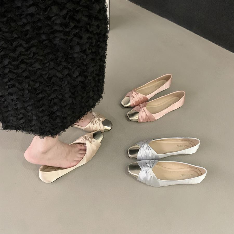 Fashion Elegant Silk Bowknot Flats Woman Gold Pointed Toe Ballets Office Ladies Dress Slip On Loafers Shallow Bridesmaide Wedding Shoes