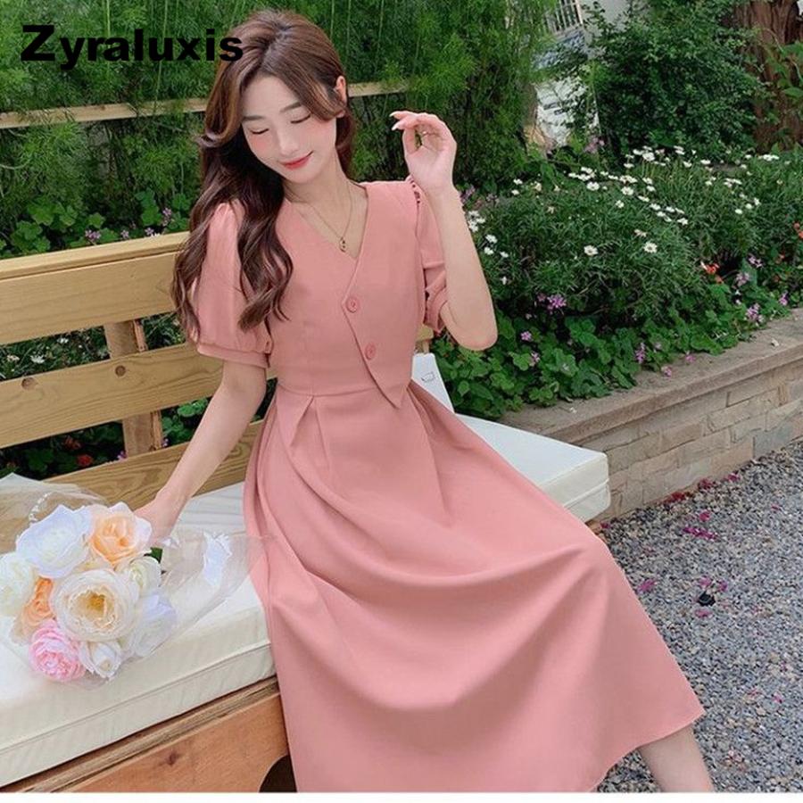 Plus Size French Style Bubble Sleeve V-Neck Dress Summer Slimming Bodycon Aging-Defying Elegant Shirt Dress M красный
