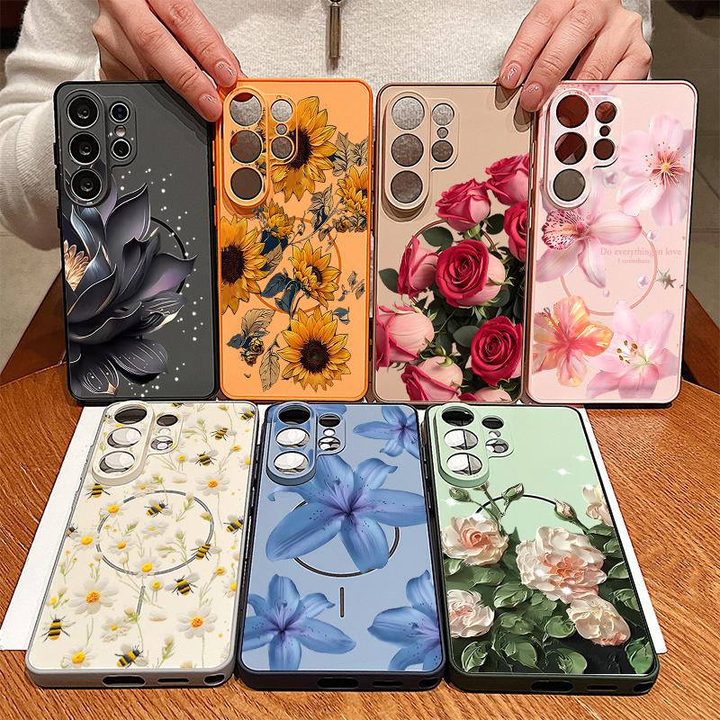 Lotus Sunflowers Pattern Case For Samsung Galaxy S26 Ultra S25 Edge S24 Plus S23 FE S22 A17 A54 A55 A56 A57 5G Magnetic For Magsafe Matte Cover