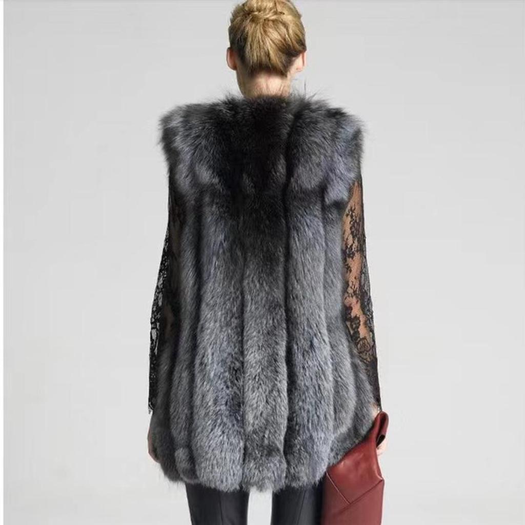 New Autumn and Winter Fur Coat Vest Women's Mid Length European and American Style Faux Fox Collar Thickened Fashion Women's Faux Leather