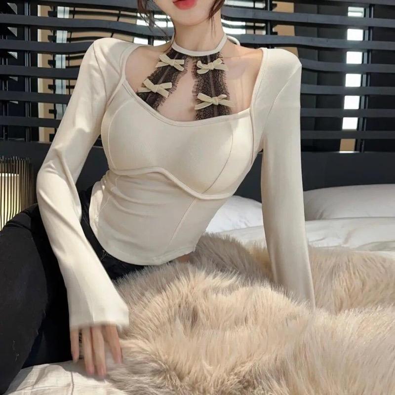 2KWEIRD Square Collar Long Sleeve Bottoming Women Tees Sweet Y2k Aesthetic Bow Sexy Lace Crop Top Japanese Chic Fashion Slim T-Shirts