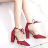 Spring and Summer New Shallow Women's Single Shoes Cross-strap Pointed Thick Heel High Heels Size Suede Women's Shoes