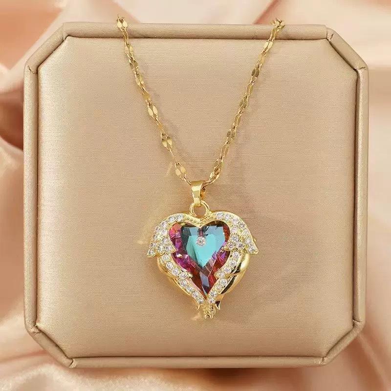 Iridescent Heart Necklace - Gold-Tone Alloy, Colorful Shimmering Heart Pendant, Cubic Zirconia Accents, Dainty Chain Fashion