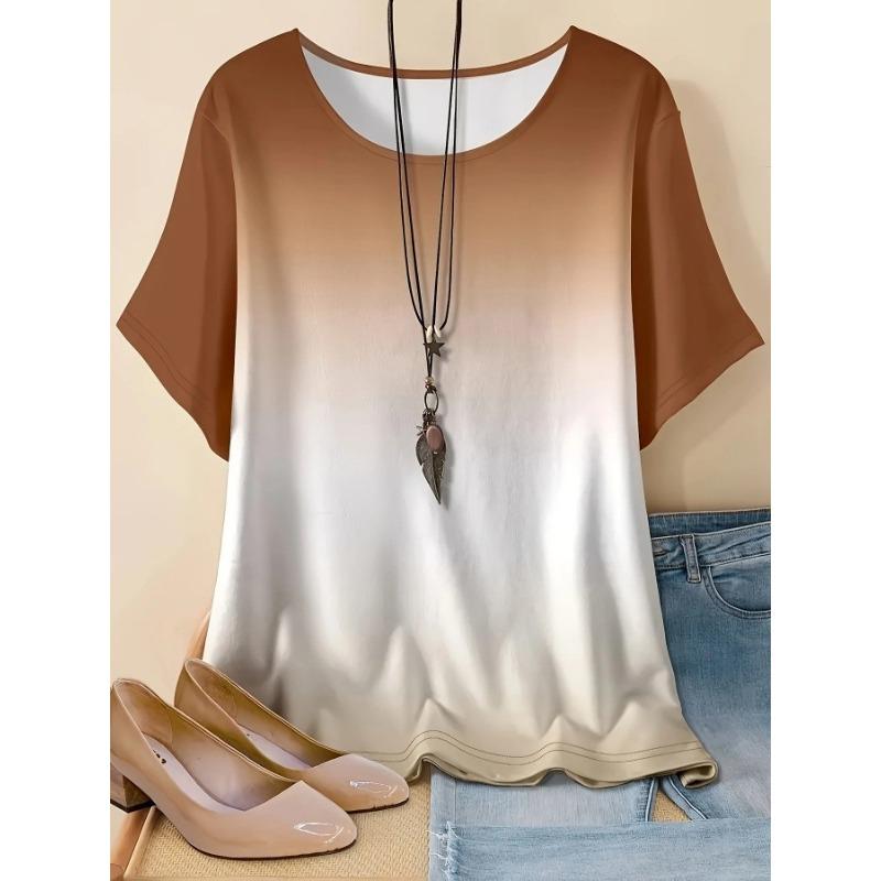 

A New Summer Women s Round-neck Short-sleeved Loose Color-blocking Printed Top XXL хаки