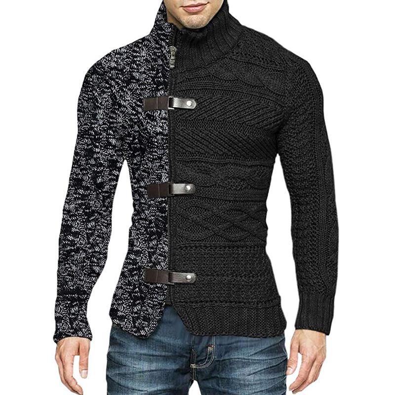 Men's Plus Size Color Block Buckle Knit Cardigan - High-Neck Long Sleeve Sweater for Autumn/Winter