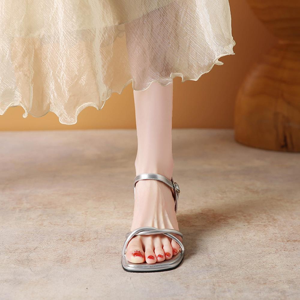 Classic 5cm Square Heel Woman Sandals Narrow Bands Silver Buckle Design Elegant Woman Shoes Heels Sandals