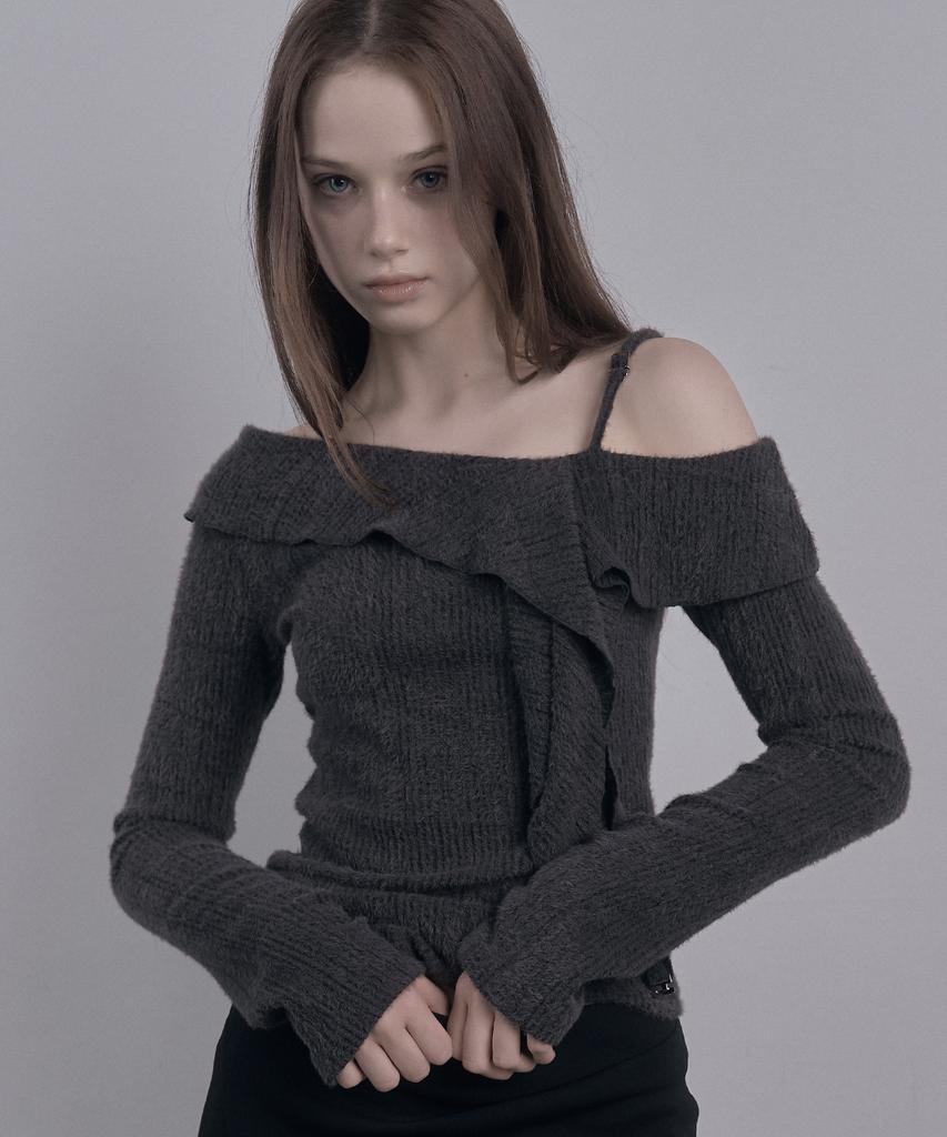 DAMIO Ruffle Draped Off Shoulder Knit Top (Charcoal)