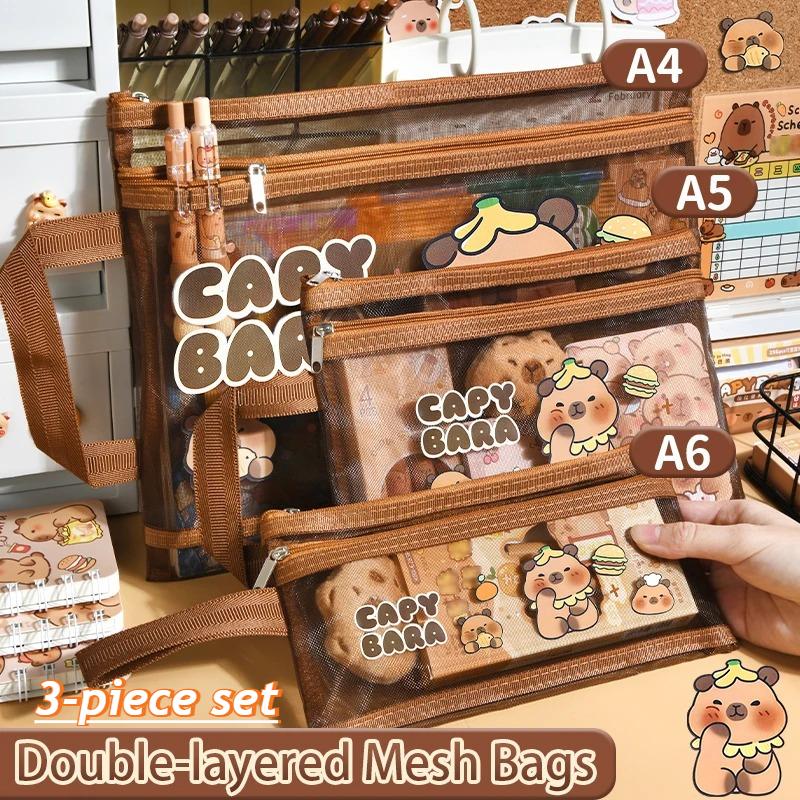 

3PCS Capybara Large Capacity Storage Bag Transparent Mesh Double Layer Portable File Bag for Student Stationery School Office