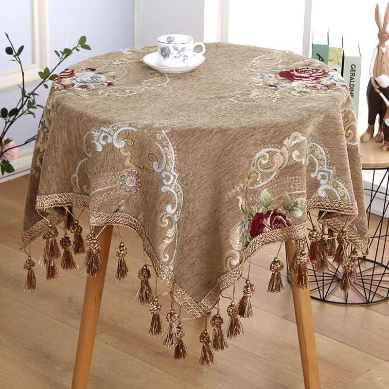 Luxury European Style Round Tablecloth with Tassel Embrodered Table Cover for Wedding Decor Christmas Round Table Cloth
