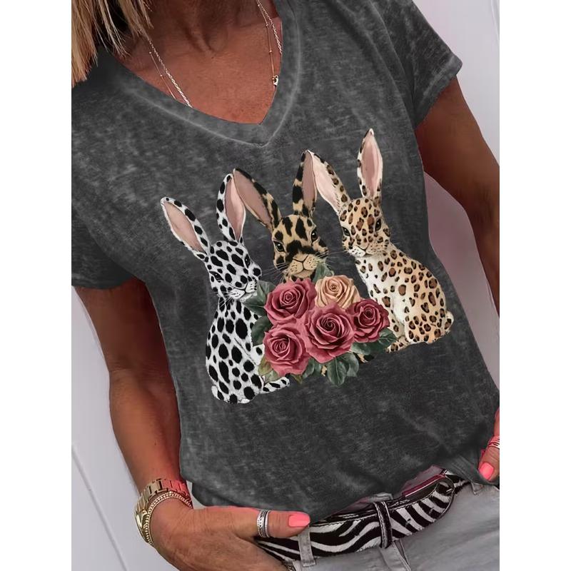 T-shirt à manches courtes pour femme avec imprimé floral et feuilles, col en V