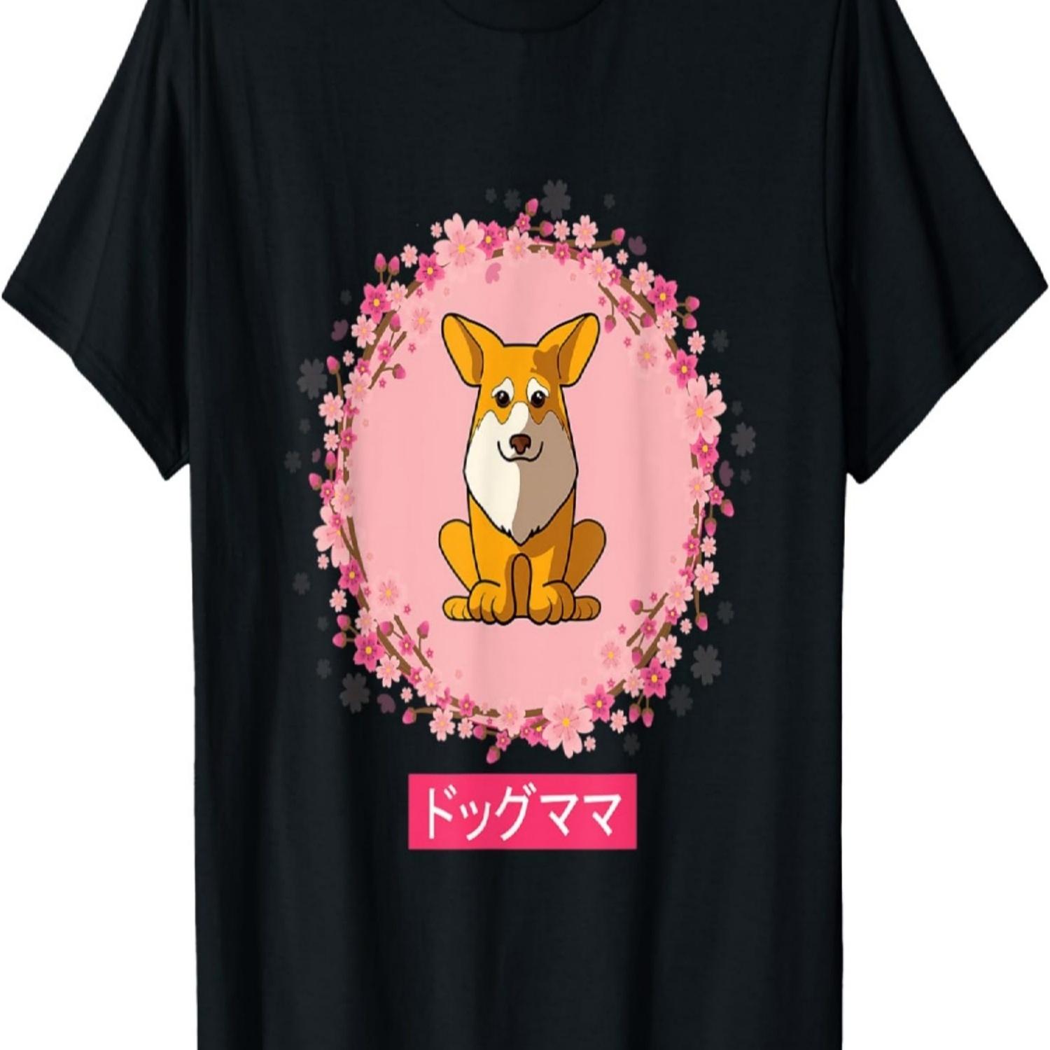 Funny Corgi Dog Mom Sakura Cherry Blossom T-Shirt S чёрный