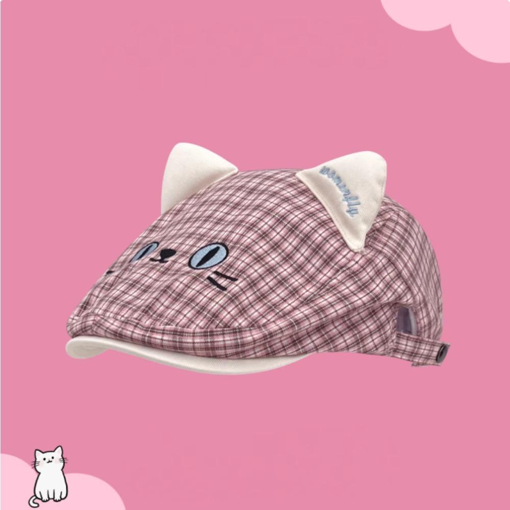 Women s Korean Vintage Beret Cap with Cotton Embroidery Letter Plaid Color Block Cat Ear Outdoor Fashion Hat