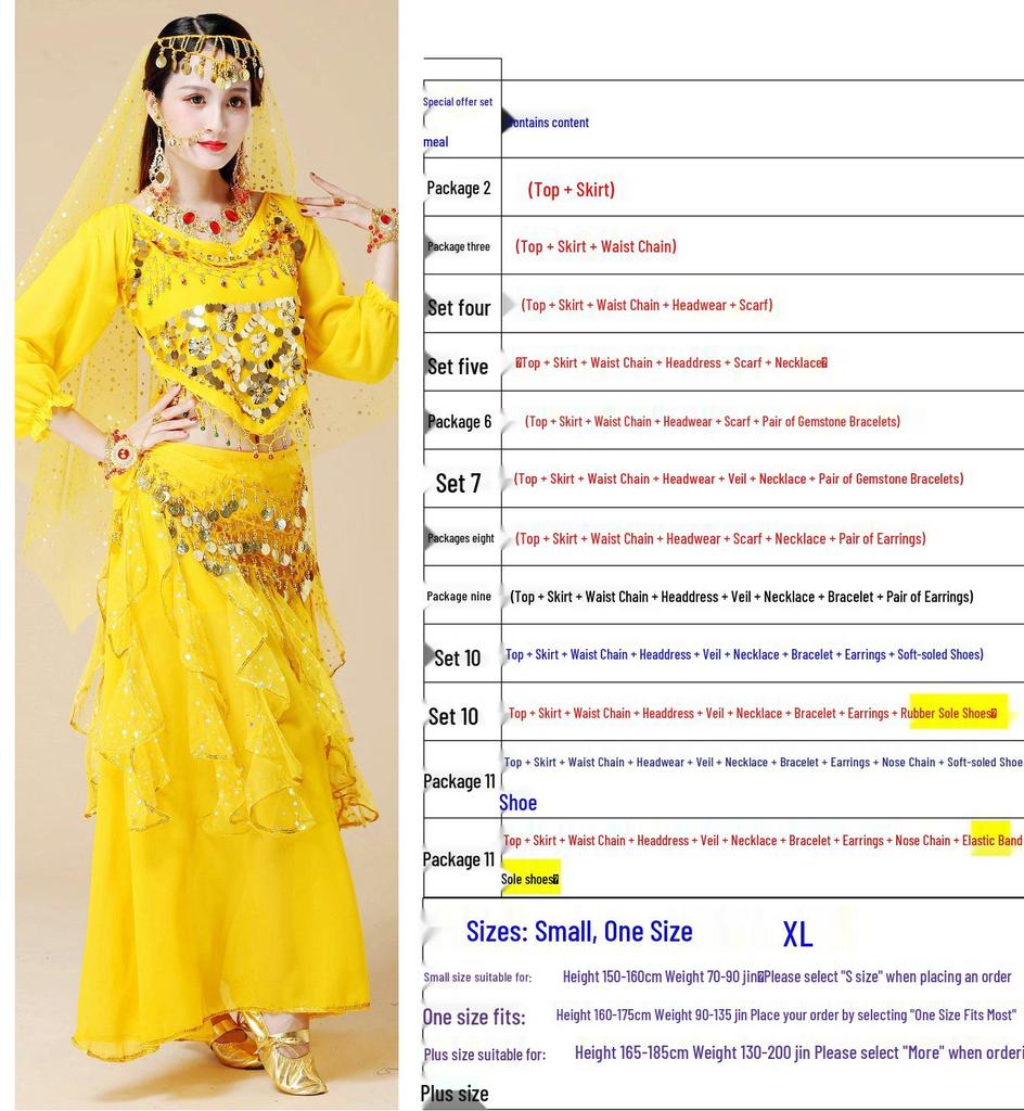 Women's Long Sleeve Indian Belly Dance Performance Costume with Short Sleeve Long Skirt