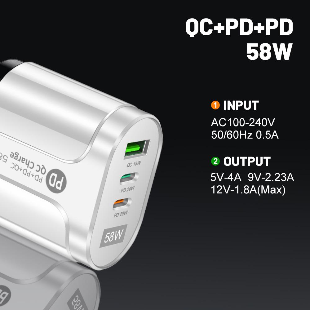 58W Dual Fast Charger: 2PD + QC3.0 for EU/US/UK/AU Plugs