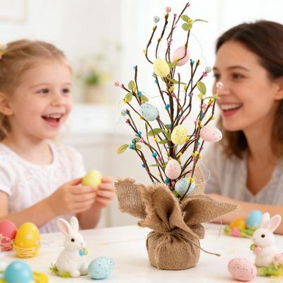 Easter Egg Tree with LED Lights Artificial Egg Decoration for Spring Holiday Tabletop Centerpiece