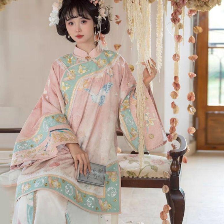 Hanfu Roz Set Qipao Dinastia Qing: Fustă Diagonală Mian cu Decolteu Rotund și Față Deschisă Imprimată - Stil Nou Curte Chineză