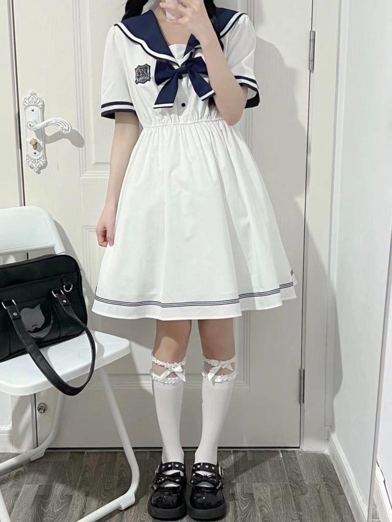 Japanese Sweet Student College Wind Navy JK Dress Women's Summer Lolita Princess Dress Adult Daily Light Lo