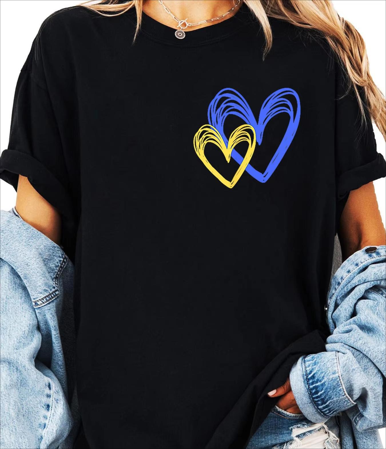 

Womens Ukrainian Love Heart Print TShirt with Yellow Blue Hearts Short Sleeve Crew Neck Casual Top Summer Comfortable Fit Shirt 4XL