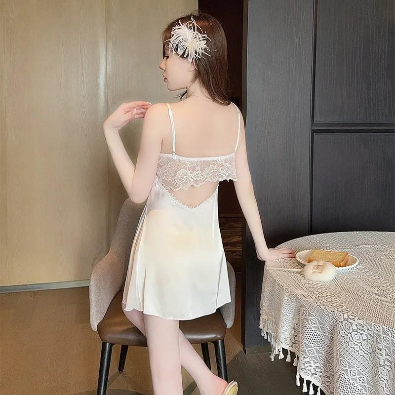 Damen Sommer Französisches Eis Seide Spitze Nachthemd mit Brustpolstern - Zweiteiliges Homewear Set