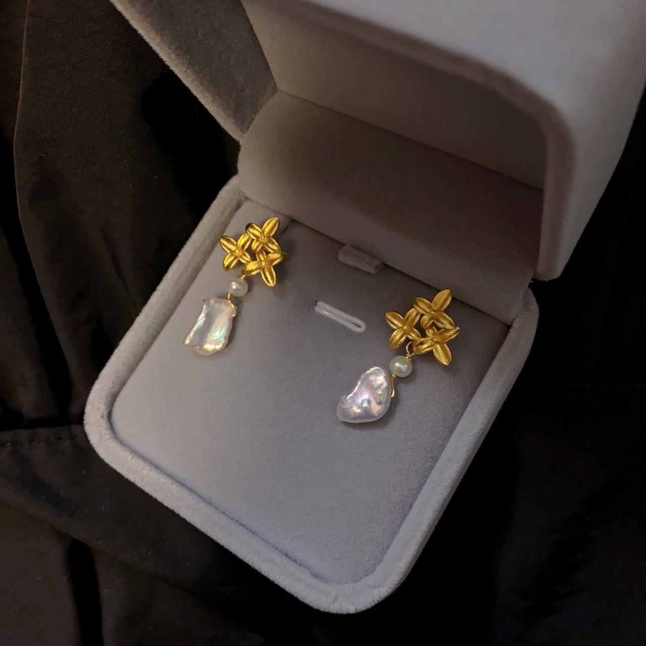 Сломанные серебряные натуральные серебристо-серые жемчужные серьги-гвоздики барокко темперамент ретро серьги-лепестки цветка супер-фея новые Silver needle